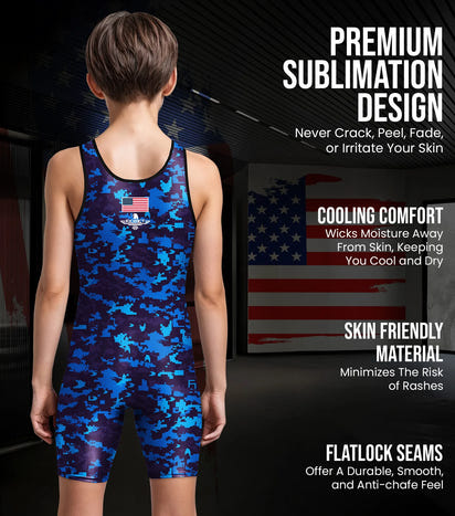 Boys Youth Camouflage Wrestling Singlets (Blue Camo)