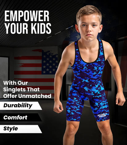 Boys Youth Camouflage Wrestling Singlets (Blue Camo)