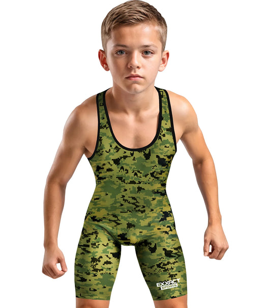 Boys Youth Camouflage Wrestling Singlets (Green Camo)