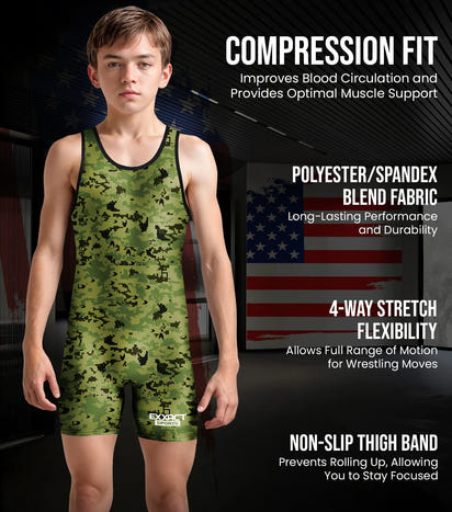 Boys Youth Camouflage Wrestling Singlets (Green Camo)