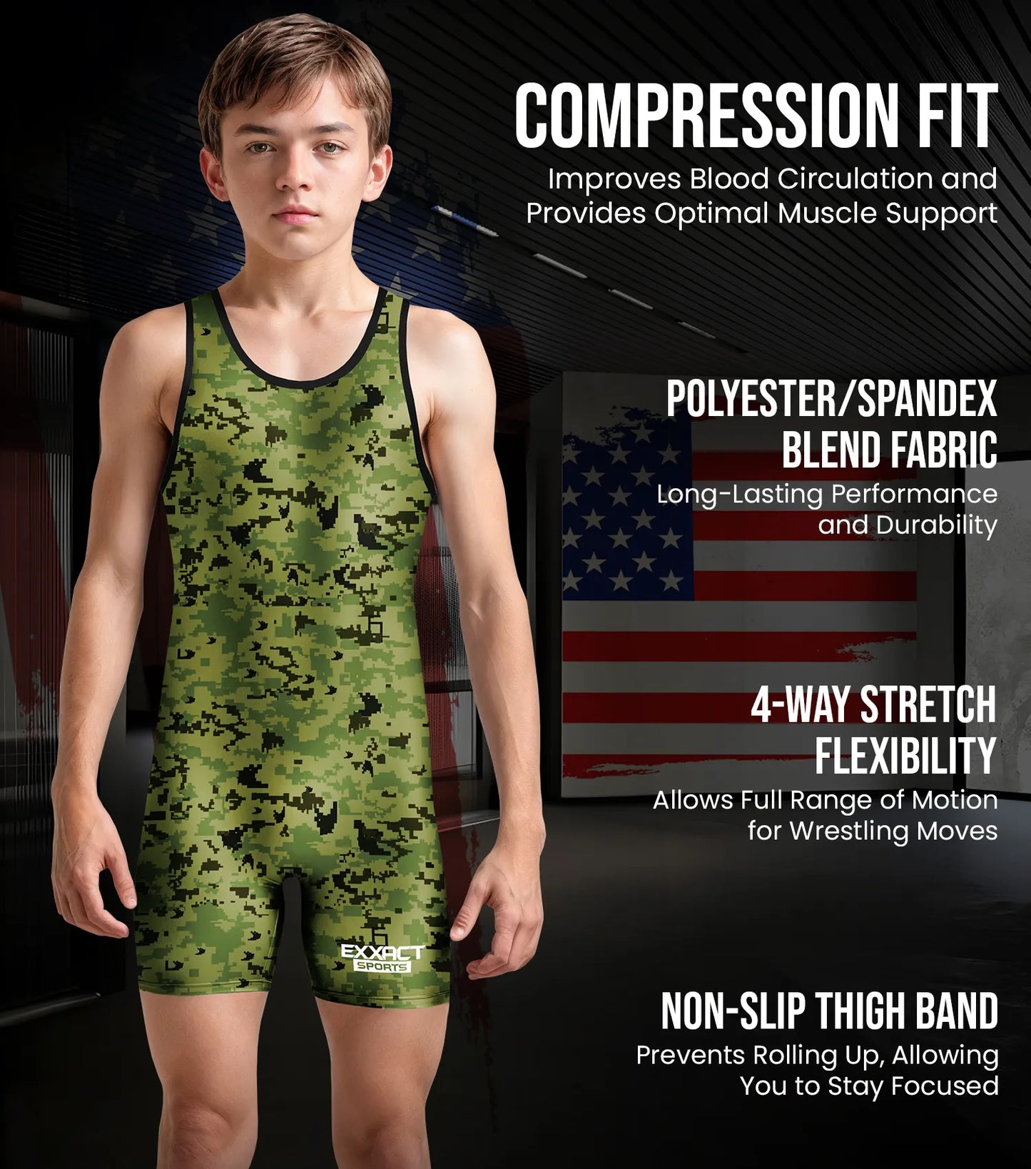 Boys Youth Camouflage Wrestling Singlets (Green Camo)