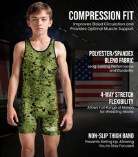 Boys Youth Camouflage Wrestling Singlets (Green Camo)