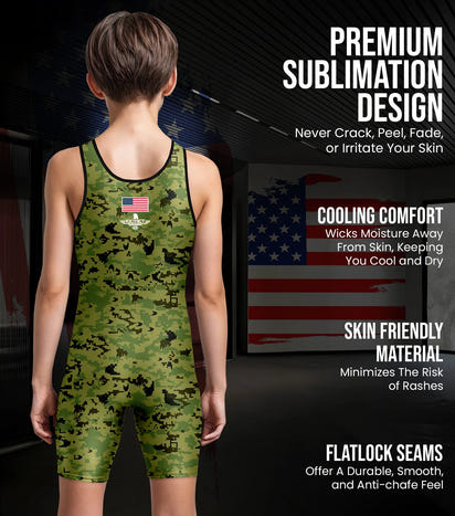 Boys Youth Camouflage Wrestling Singlets (Green Camo)