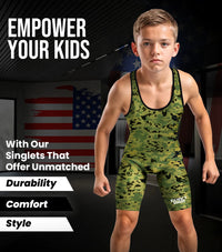 Boys Youth Camouflage Wrestling Singlets (Green Camo)