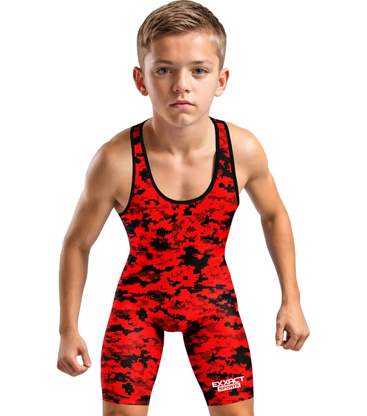 Boys Youth Camouflage Wrestling Singlets (Red Camo)