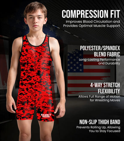Boys Youth Camouflage Wrestling Singlets (Red Camo)