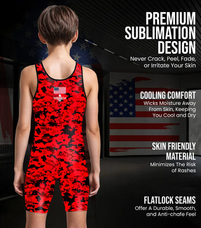 Boys Youth Camouflage Wrestling Singlets (Red Camo)