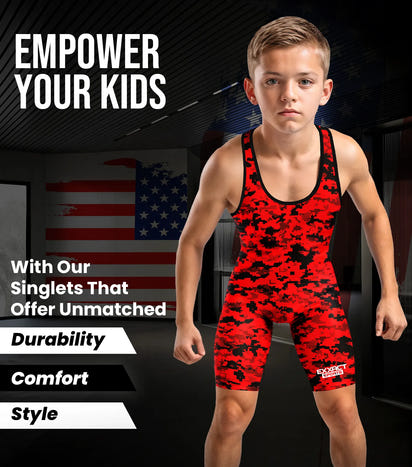 Boys Youth Camouflage Wrestling Singlets (Red Camo)