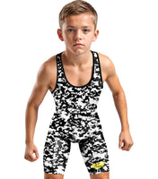 Boys Youth Camouflage Wrestling Singlets (White & Black Camo)