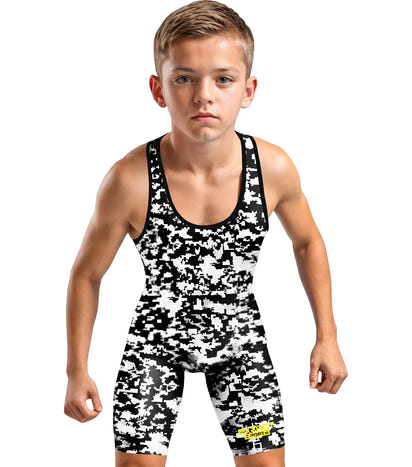 Boys Youth Camouflage Wrestling Singlets (White & Black Camo)