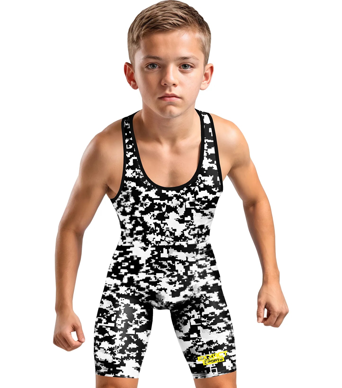 Boys Youth Camouflage Wrestling Singlets (White & Black Camo)