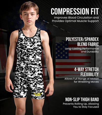 Boys Youth Camouflage Wrestling Singlets (White & Black Camo)