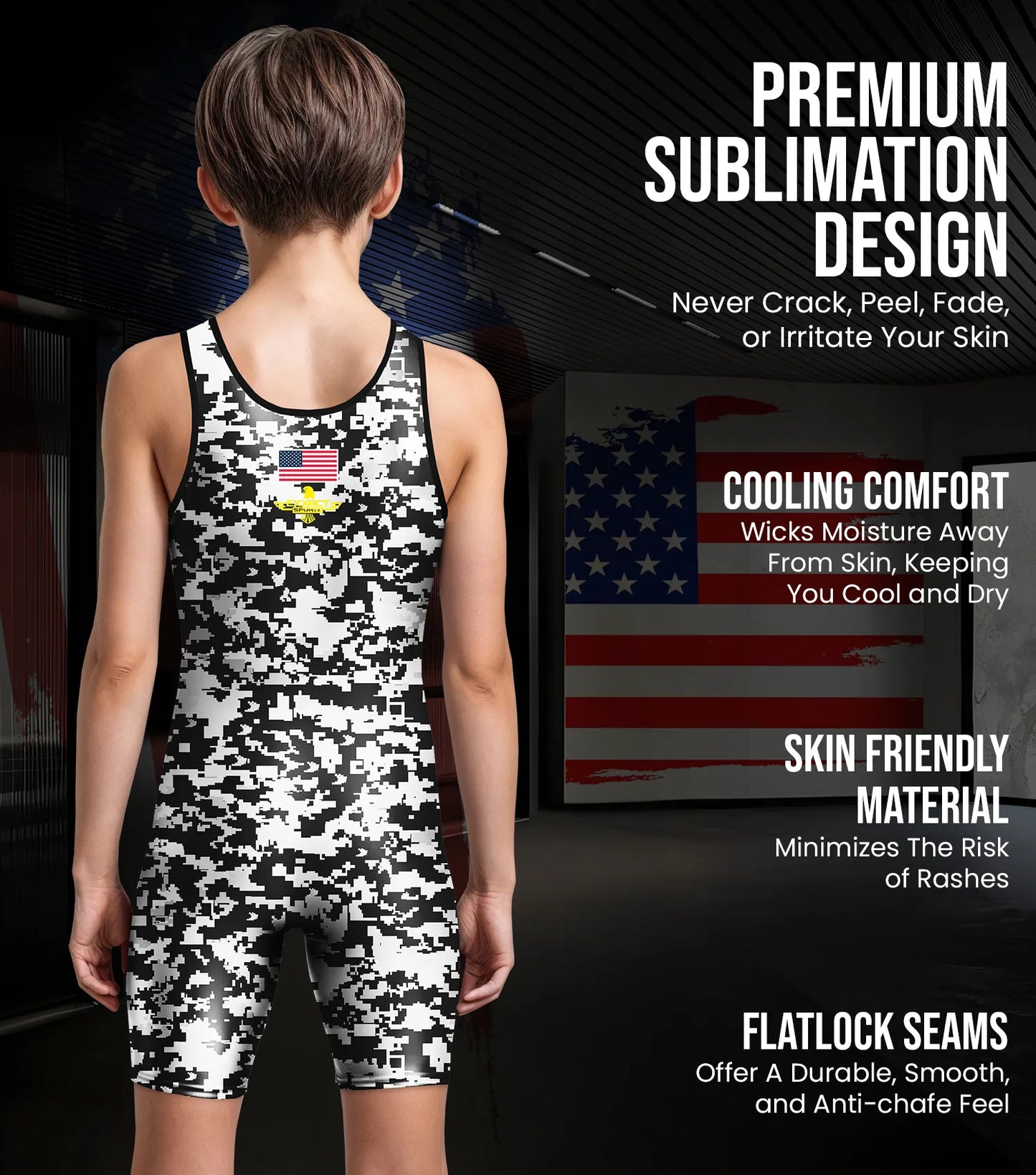 Boys Youth Camouflage Wrestling Singlets (White & Black Camo)