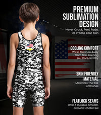 Boys Youth Camouflage Wrestling Singlets (White & Black Camo)