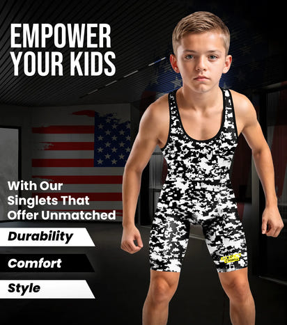Boys Youth Camouflage Wrestling Singlets (White & Black Camo)