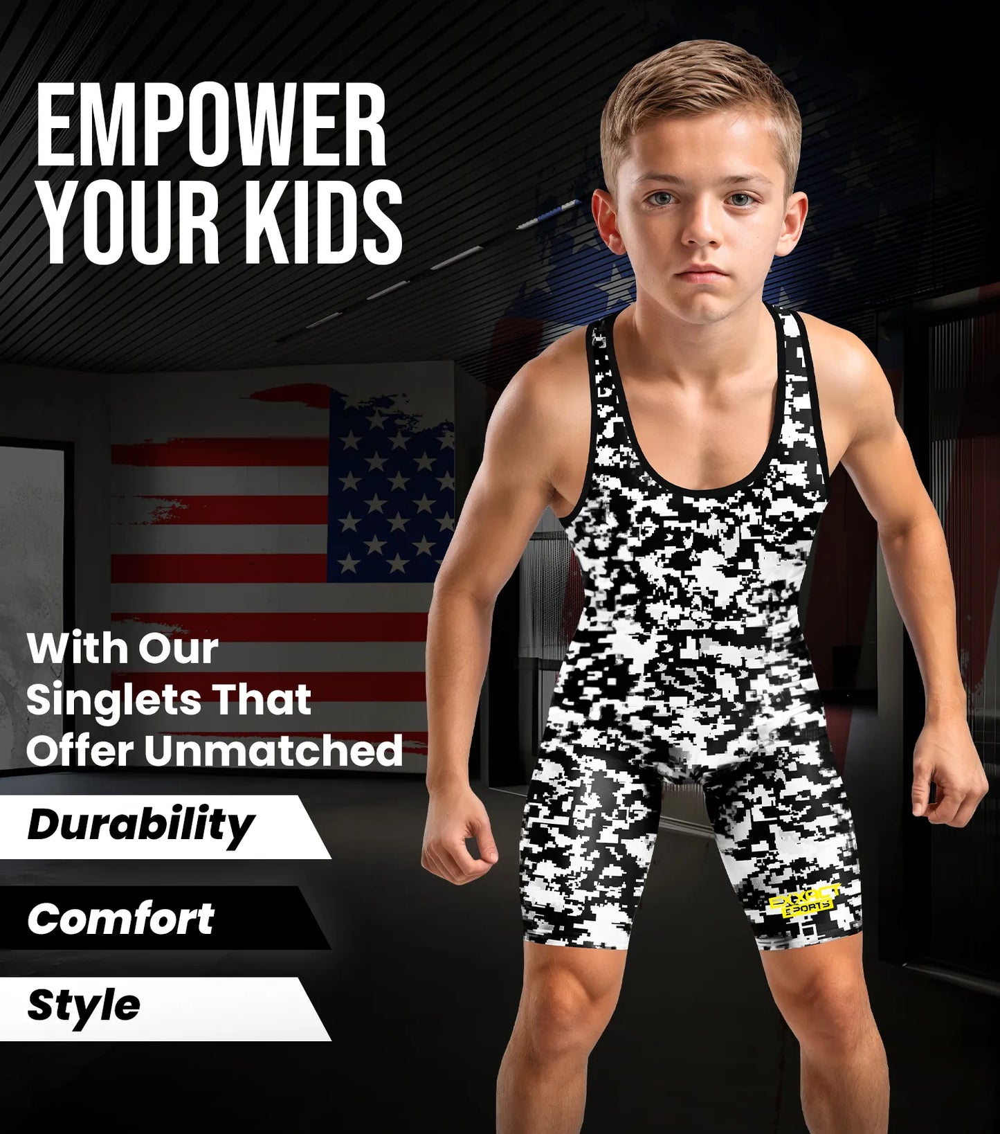 Boys Youth Camouflage Wrestling Singlets (White & Black Camo)