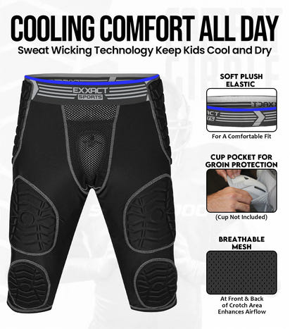 Combat 7 Pads Boys Football Girdle with Cup Pocket Black (Youth)