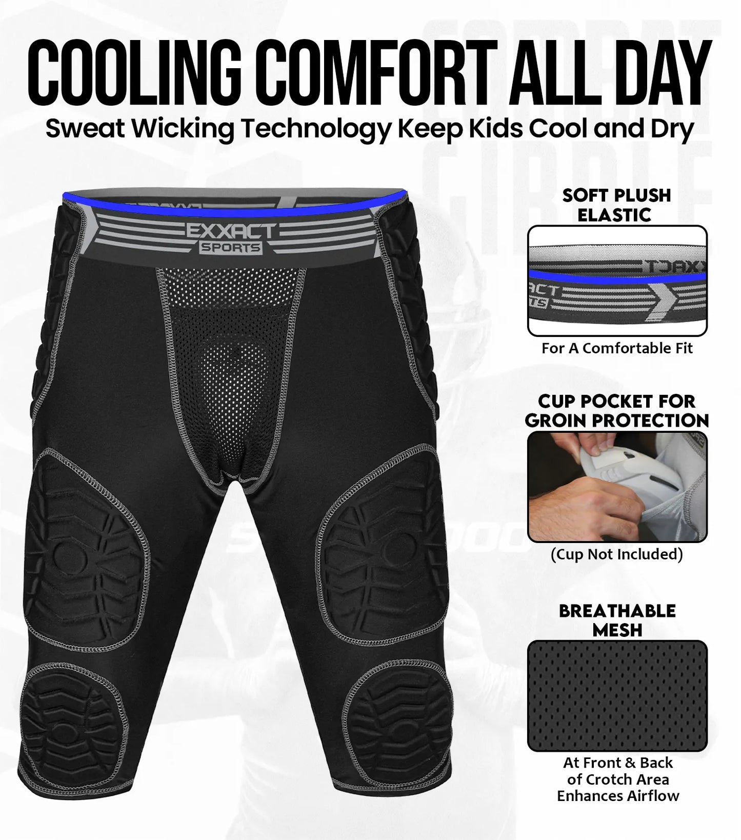 Combat 7 Pads Boys Football Girdle with Cup Pocket Black (Youth)