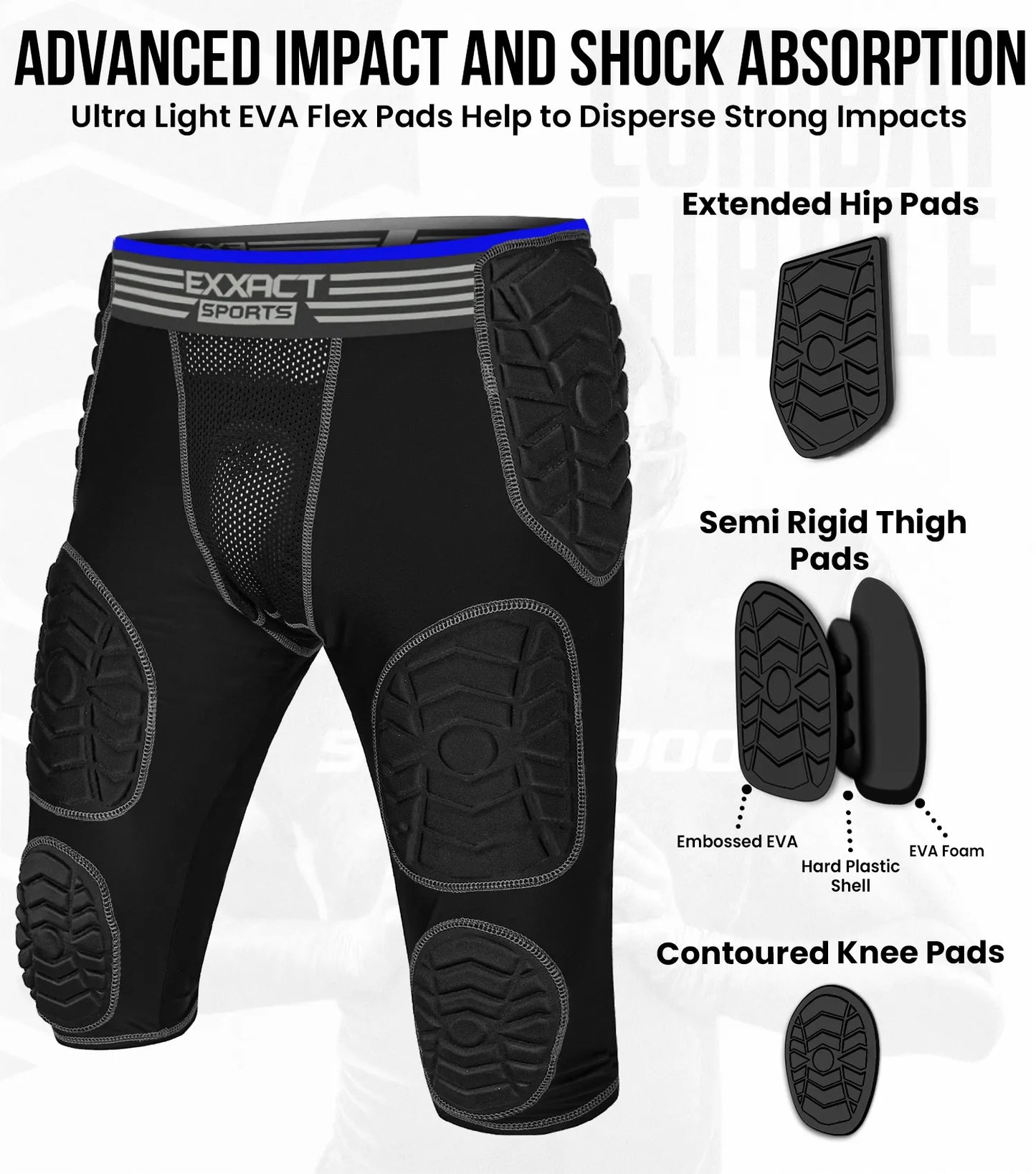 Combat 7 Pads Boys Football Girdle with Cup Pocket Black (Youth)
