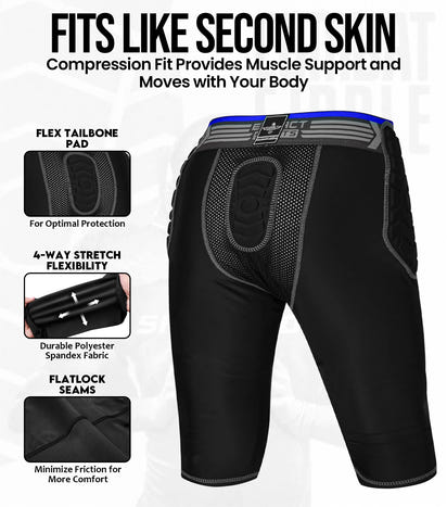 Combat 7 Pads Boys Football Girdle with Cup Pocket Black (Youth)