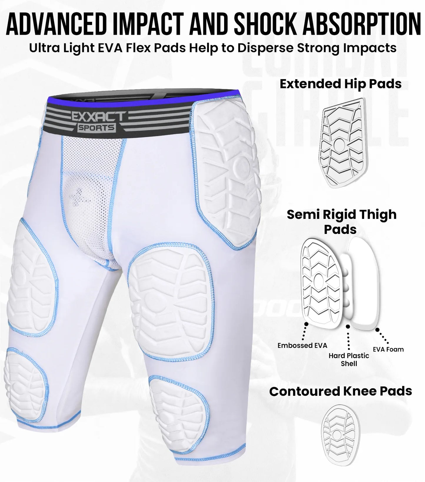 Combat 7 Pads Boys Football Girdle with Cup Pocket White (Youth)