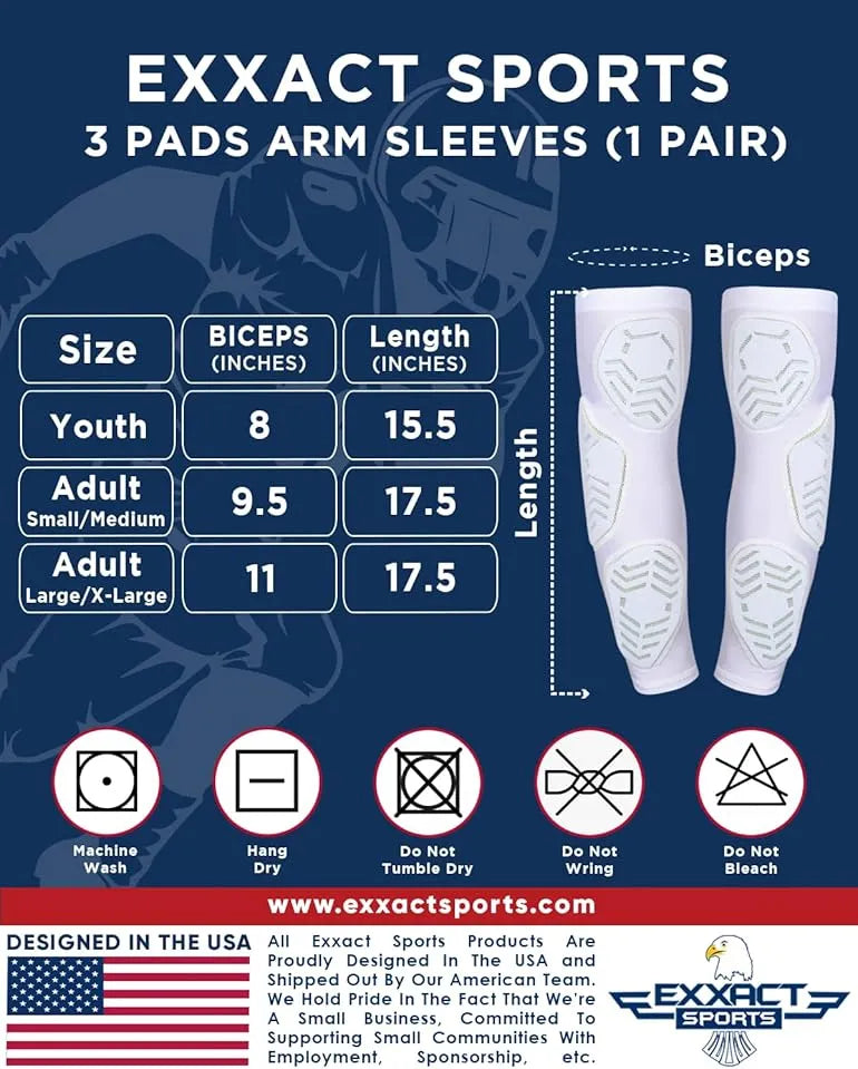 Compression 3-Padded Arm Sleeve , Football & Baseball 1 Pair (White)