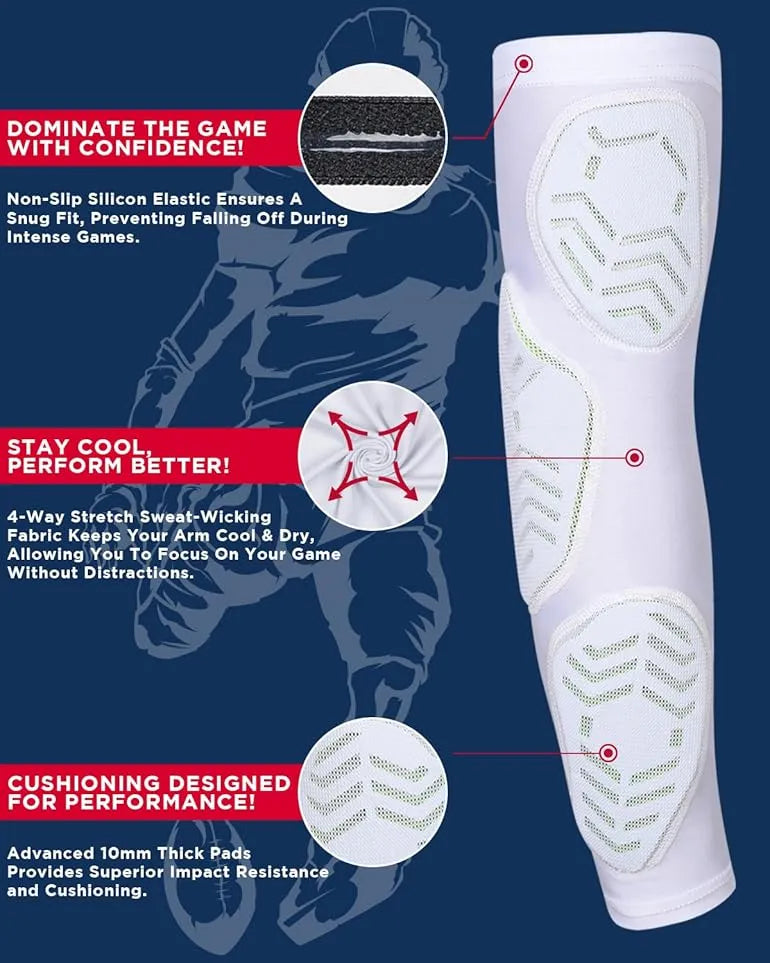 Compression 3-Padded Arm Sleeve , Football & Baseball 1 Pair (White)