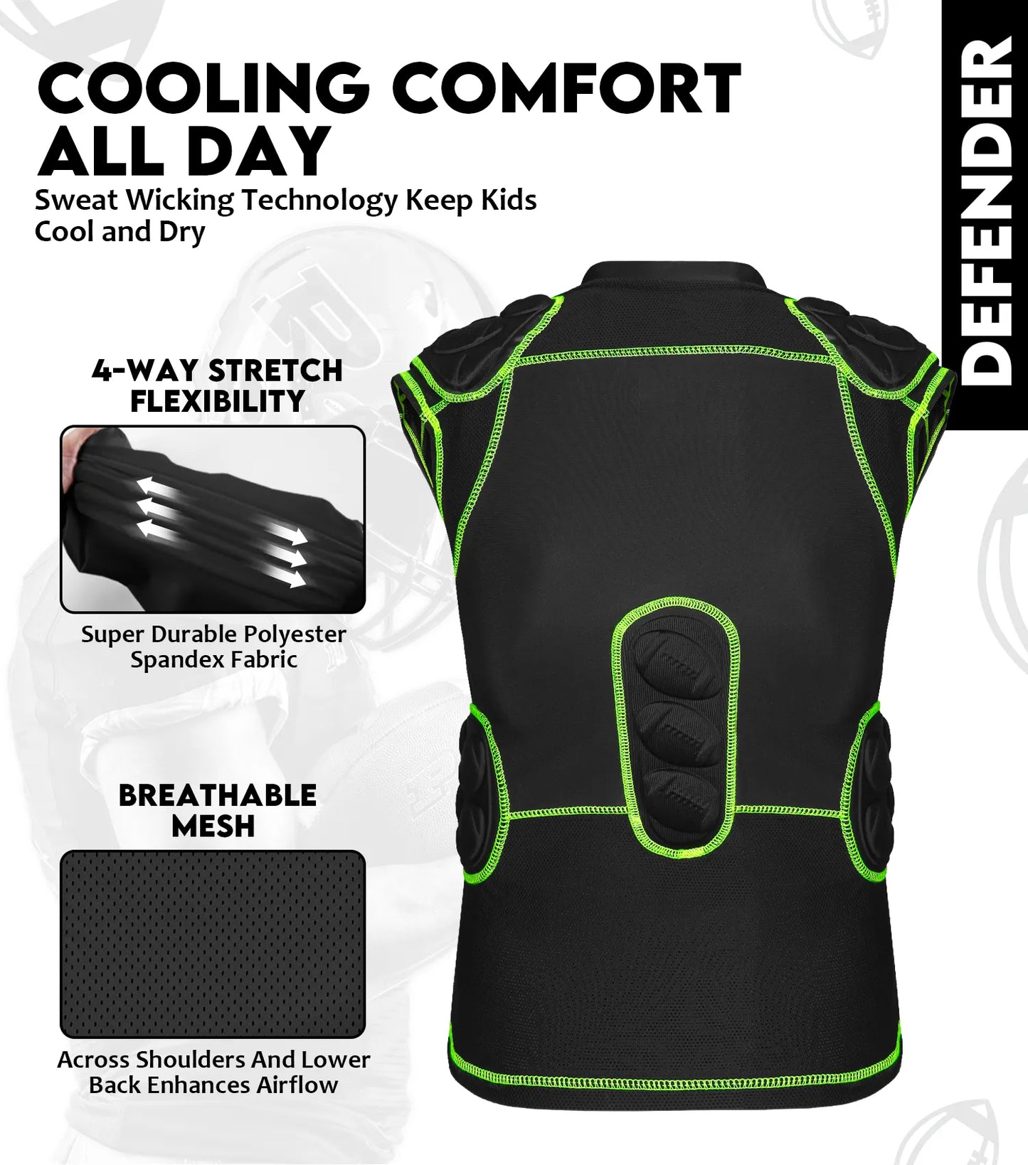 Defender 5 Pads Boys Football Compression Shirt Black (Youth)