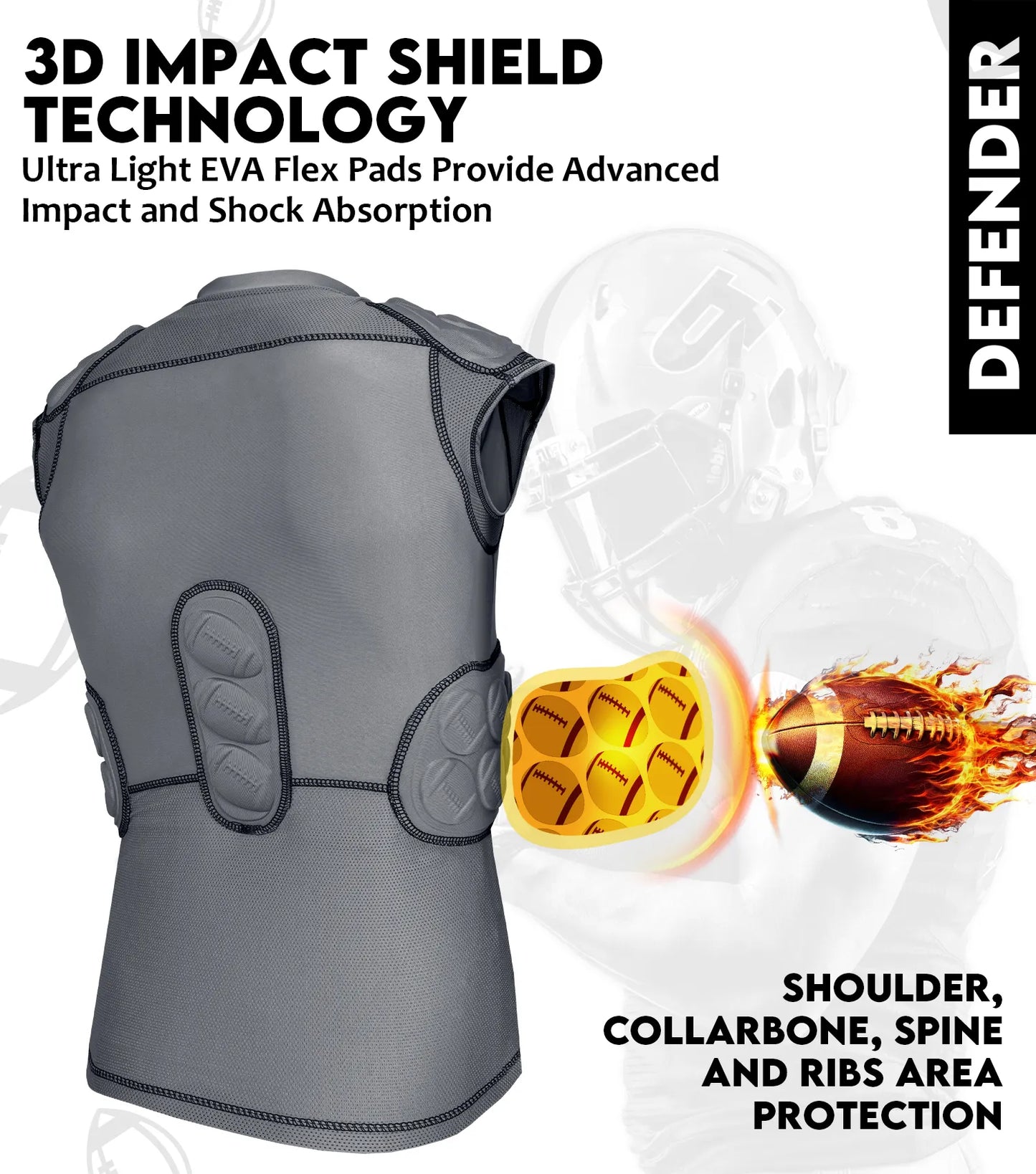 Defender 5 Pads Boys Football Compression Shirt Gray (Youth)