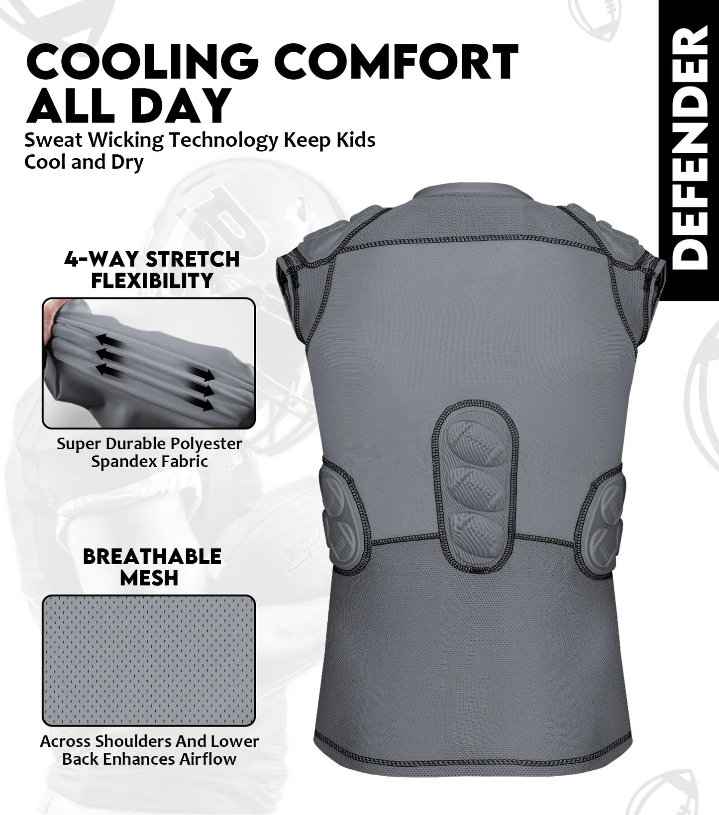 Defender 5 Pads Boys Football Compression Shirt Gray (Youth)