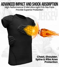 Elite 6-Pad Men's Padded Football Shirt with Chest, Shoulder, Ribs & Spine Protection Black (Adult)