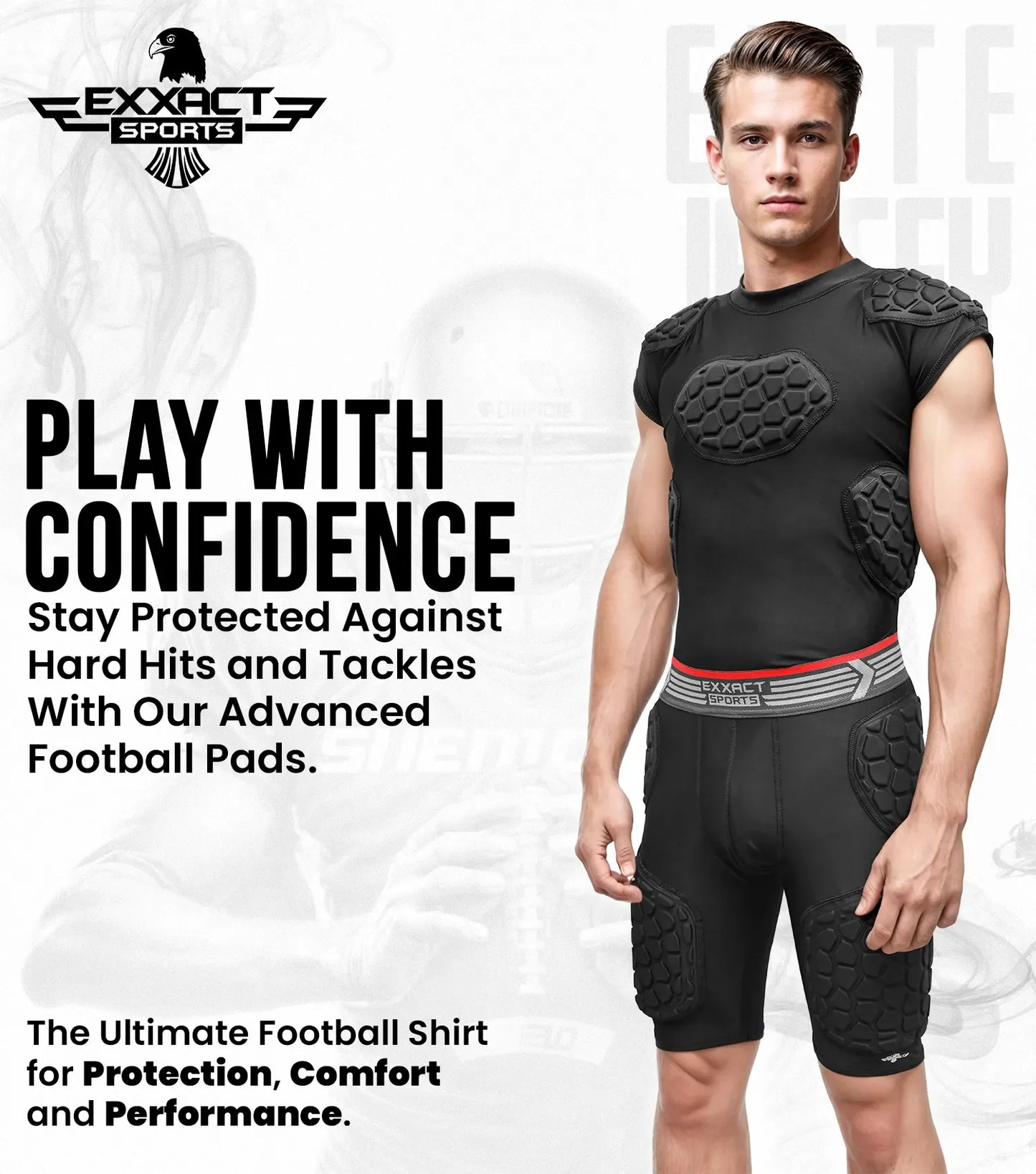 Elite 6-Pad Men's Padded Football Shirt with Chest, Shoulder, Ribs & Spine Protection Black (Adult)