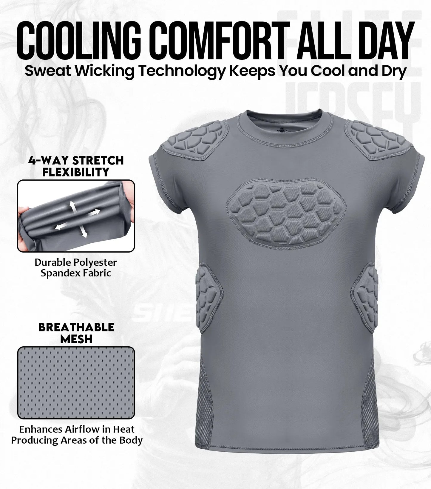 Elite 6-Pad Men's Padded Football Shirt with Chest, Shoulder, Ribs & Spine Protection Grey (Adult)