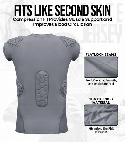 Elite 6-Pad Men's Padded Football Shirt with Chest, Shoulder, Ribs & Spine Protection Grey (Adult)
