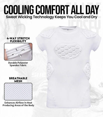Elite 6-Pad Men's Padded Football Shirt with Chest, Shoulder, Ribs & Spine Protection White (Adult)