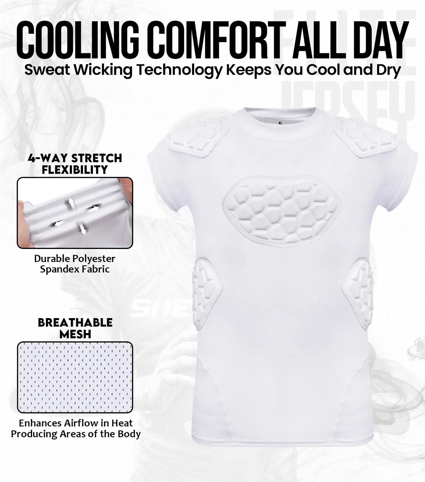 Elite 6-Pad Men's Padded Football Shirt with Chest, Shoulder, Ribs & Spine Protection White (Adult)