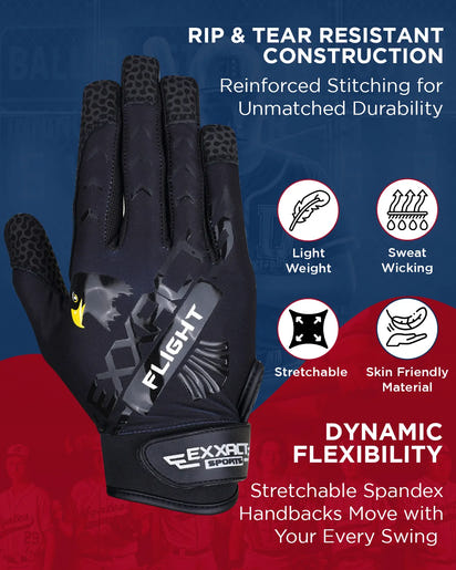 Flight Baseball Batting Gloves For Youth & Adult (Black)