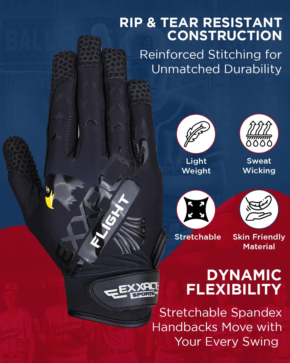 Flight Baseball Batting Gloves For Youth & Adult (Black)