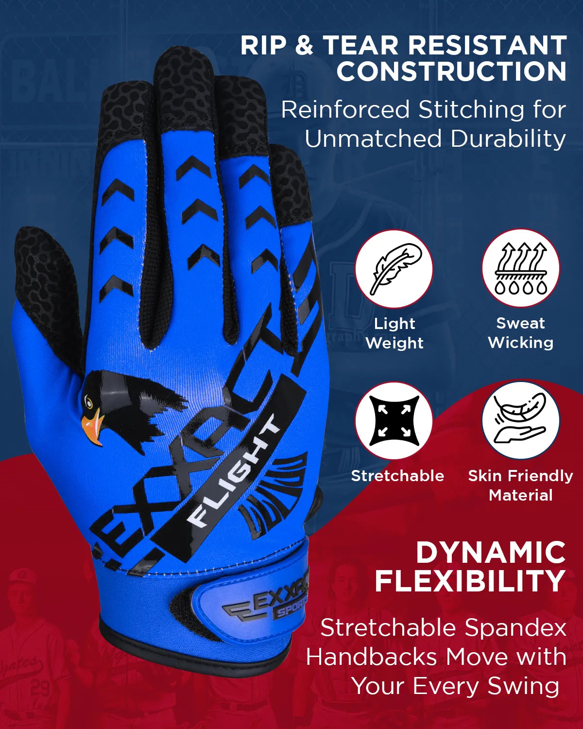 Flight Baseball Batting Gloves For Youth & Adult (Blue)