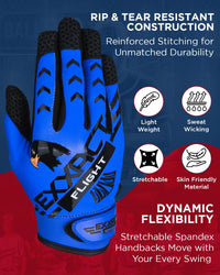 Flight Baseball Batting Gloves For Youth & Adult (Blue)