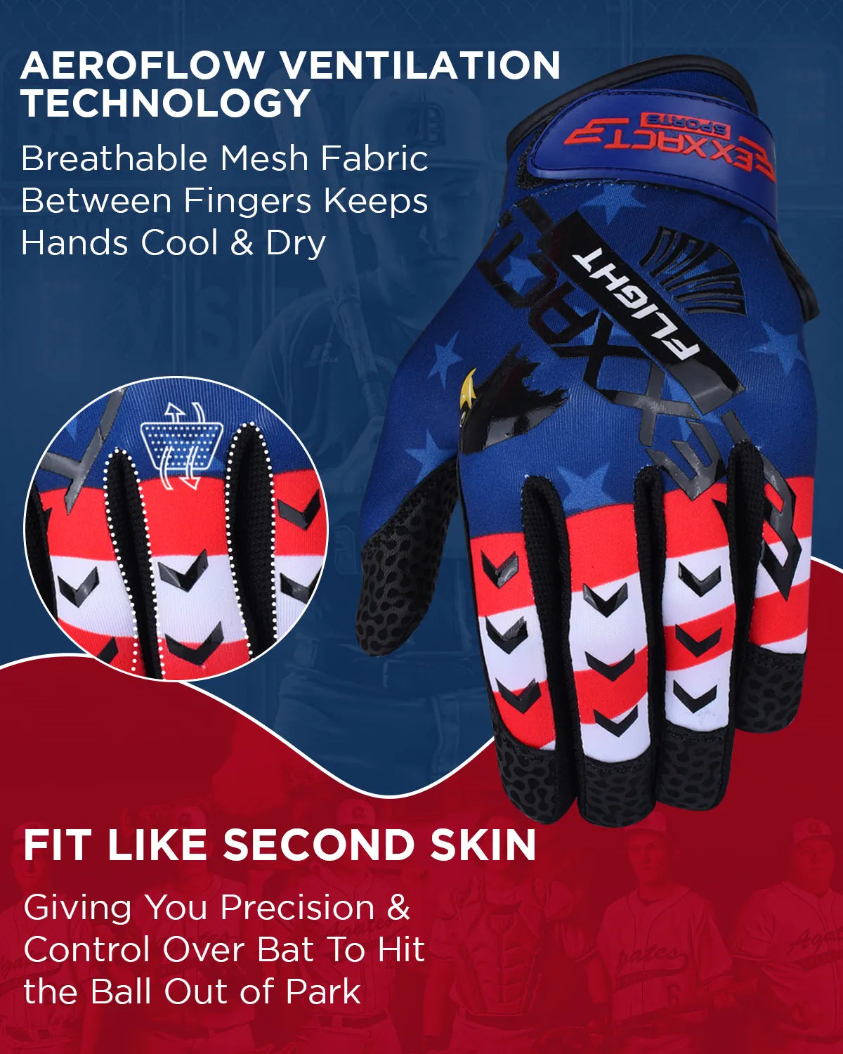 Flight Baseball Batting Gloves For Youth & Adult (Patriot)