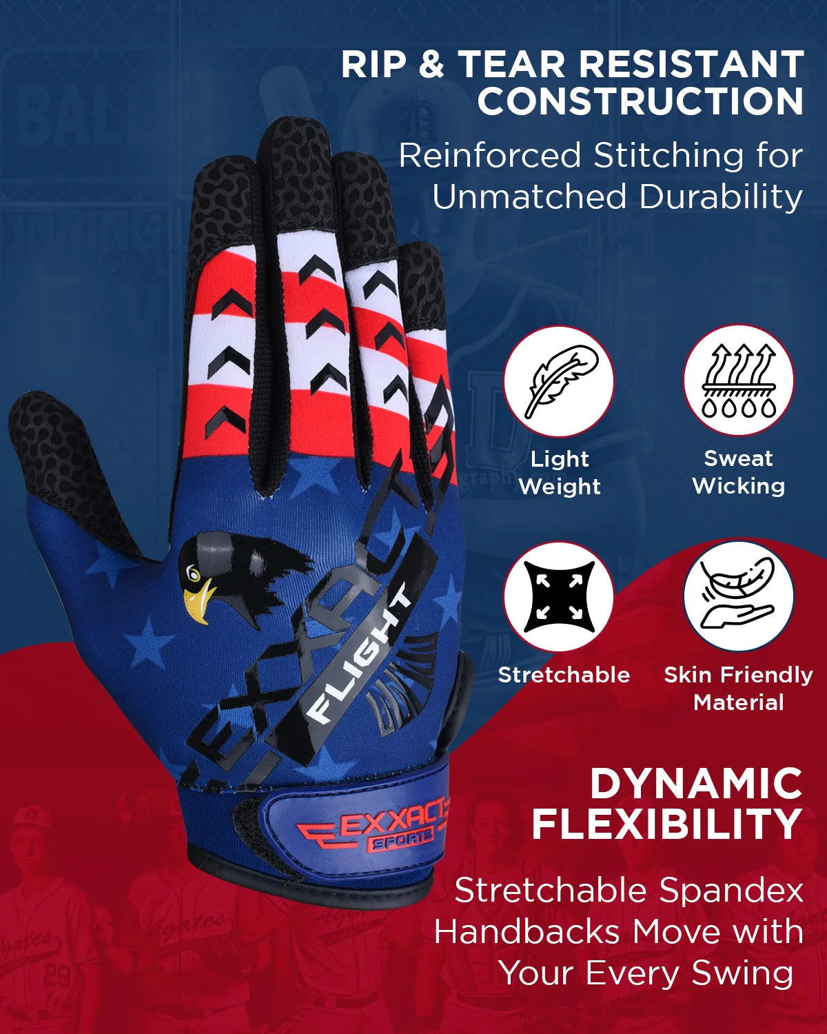 Flight Baseball Batting Gloves For Youth & Adult (Patriot)