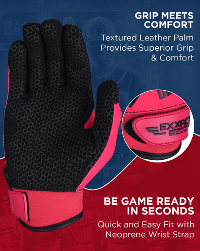Flight Baseball Batting Gloves For Youth & Adult (Hot Pink)