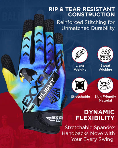 Flight Baseball Batting Gloves For Youth & Adult (Rainbow)