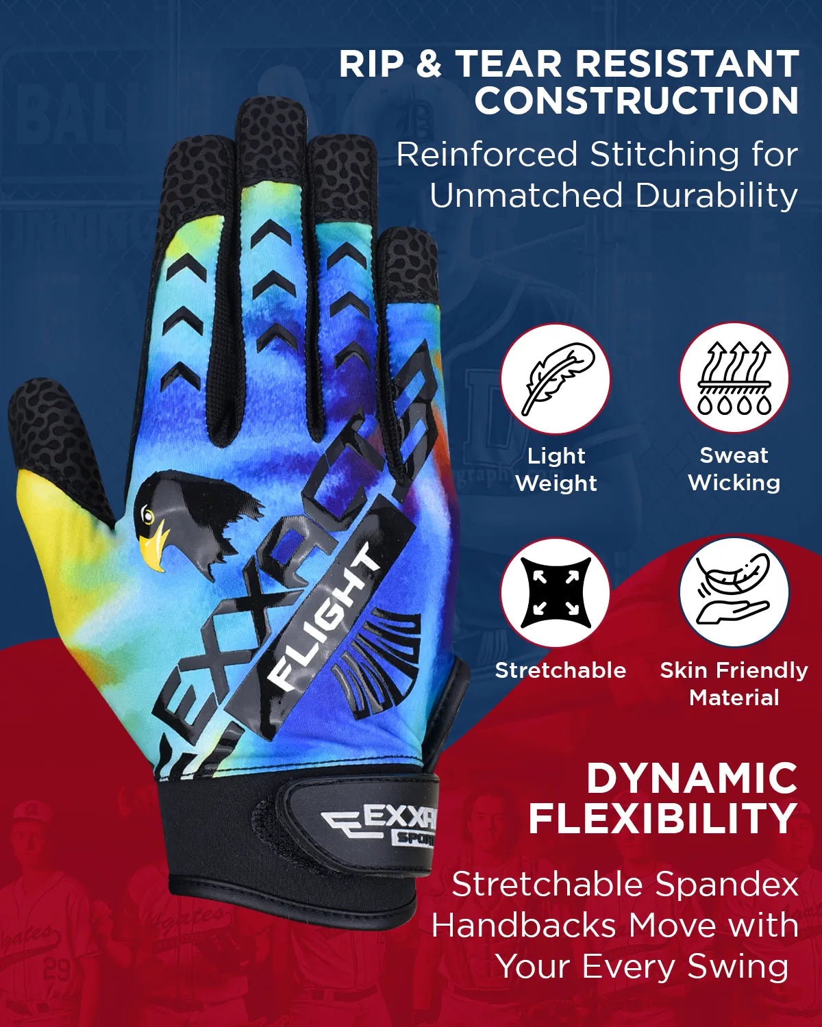Flight Baseball Batting Gloves For Youth & Adult (Rainbow)