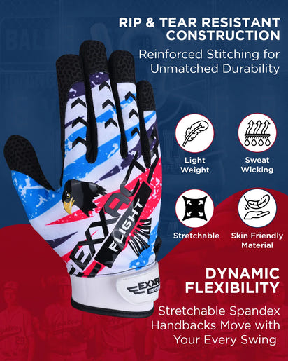 Flight Baseball Batting Gloves For Youth & Adult (White Printed)