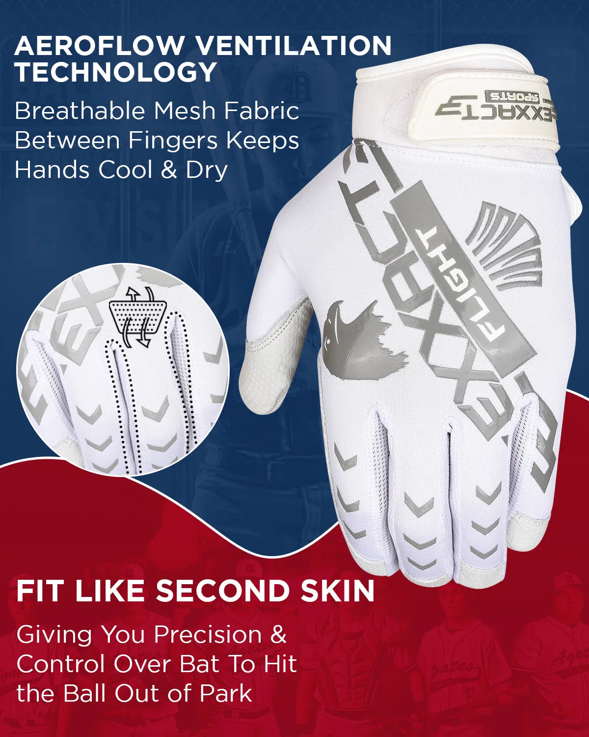 Flight Baseball Batting Gloves For Youth & Adult (White)