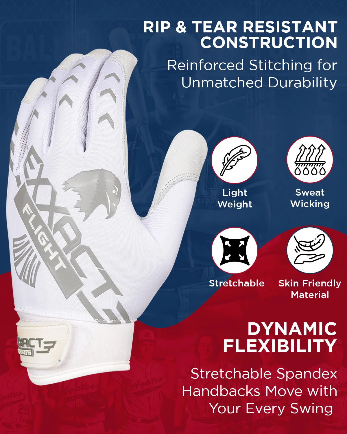 Flight Baseball Batting Gloves For Youth & Adult (White)