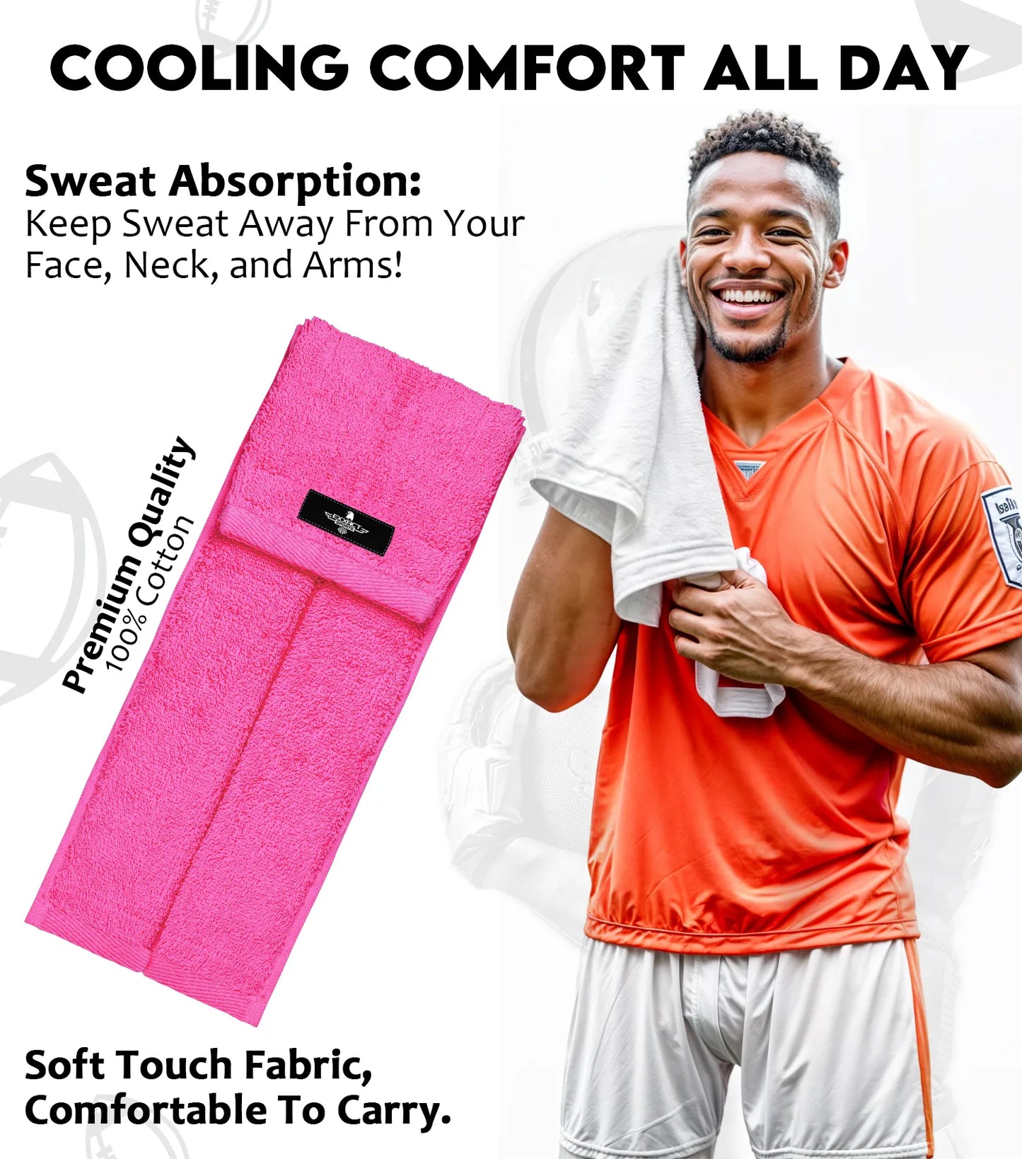 Football Towel with Hook & Loop Fastener, to Clean Hands, Visor and Gloves (Pink)