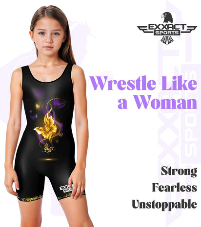 Sublimated Girl's Wrestling Singlets, High-Cut Female Singlets (Gold Butterfly)